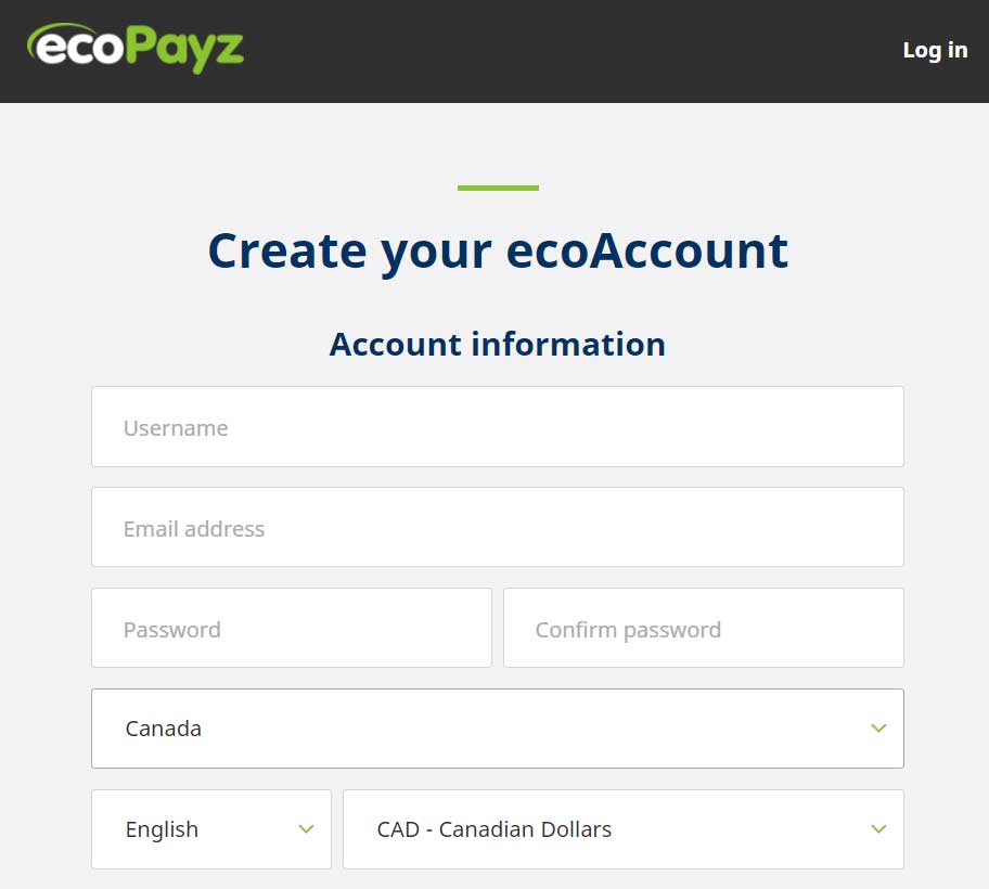 Criação de uma conta ecoAccount = ecoPayz