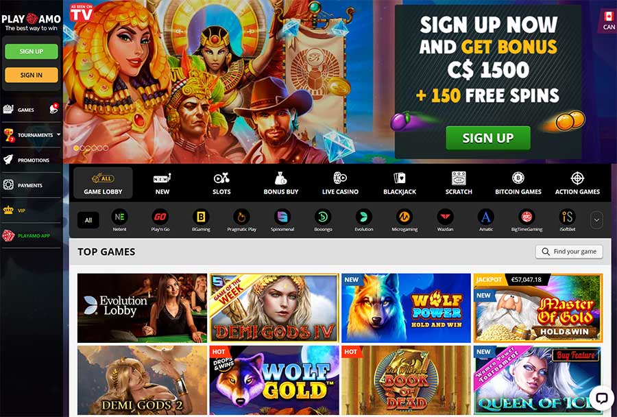 Page d'accueil du casino Playamo pour les joueurs canadiens