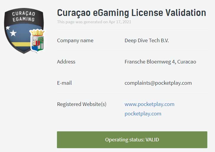 Copy of the Pocket Play license for secure gaming