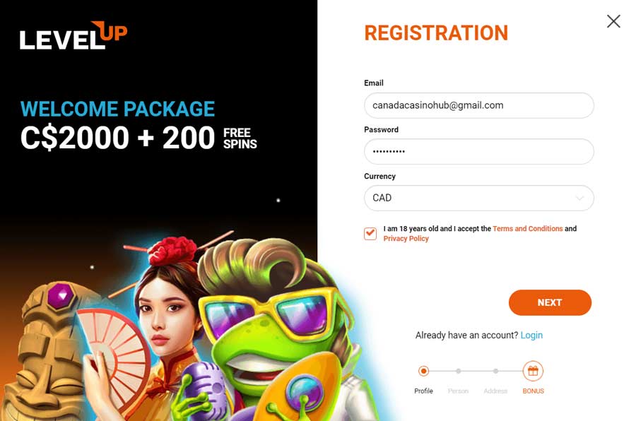 Simple registration at Level Up Casino and the new welcome bonus of up tp C$2000!