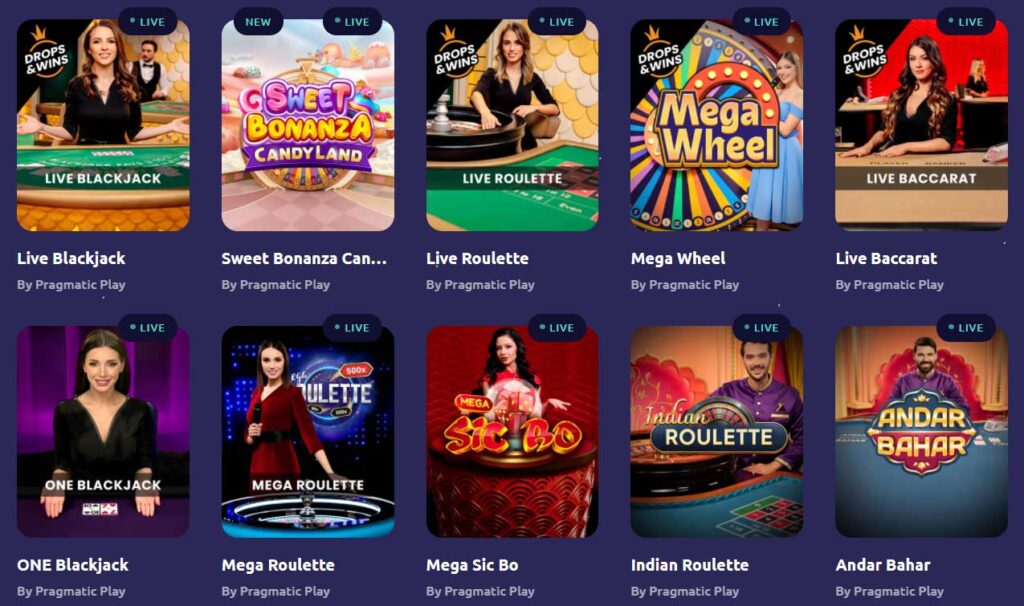 Live casino lobby with Roulette, Blackjack and more games with live dealers