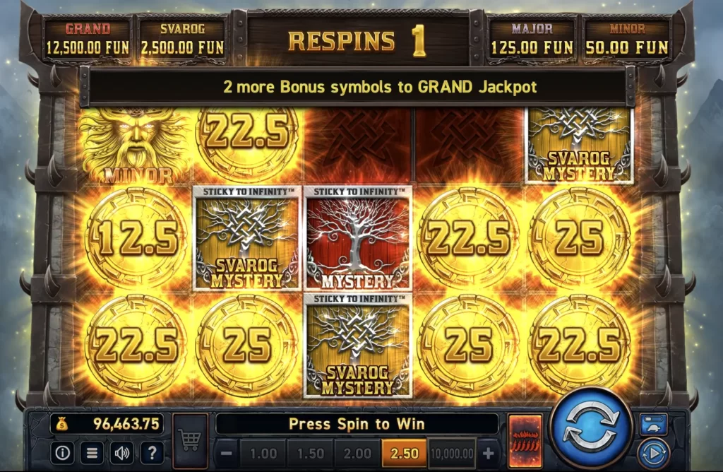 collect tow more bonuse symbols for the GRAND jackpot in Power of Sun Svarog 