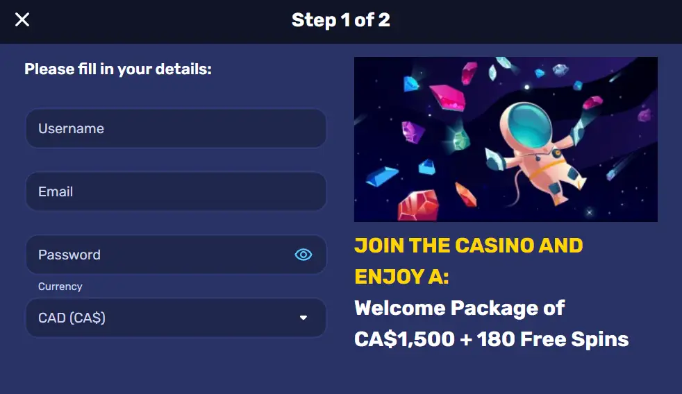 Casino Bonus of CA$1,500 + 180 Free Spins offered by Galactic Wins